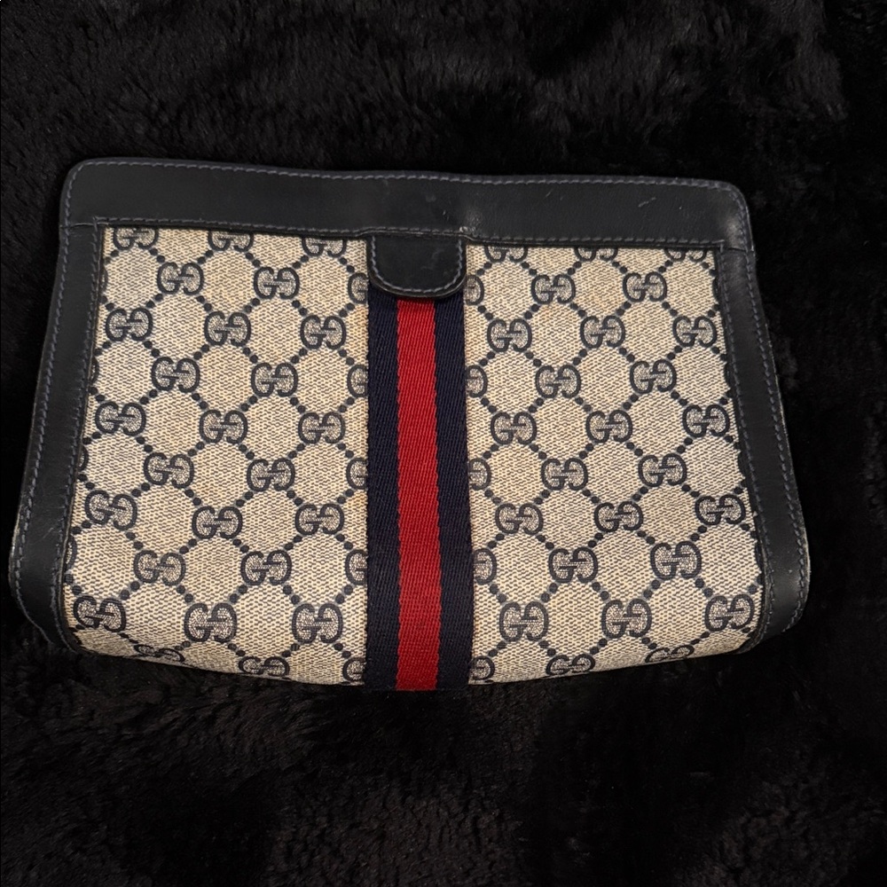 Gucci Beige and Black Monogram Clutch with Red Accent